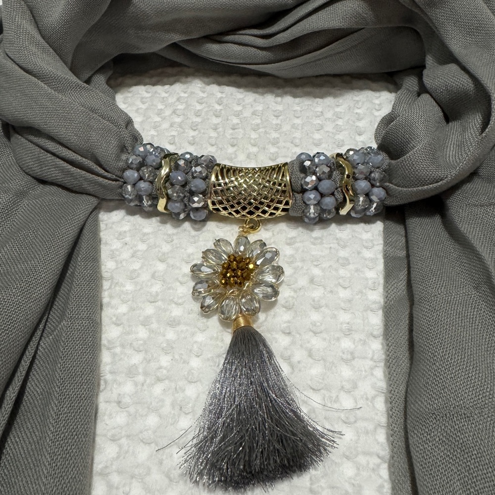 Chic Gray Scarf with Gold and Silver Details